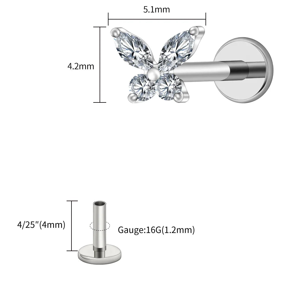 Right Grand ASTM F136 Titanium 16G Mini Butterfly CZ Labret Tragus Cartilage Conch Forward Helix Stud Nose Piercing Body Jewelry