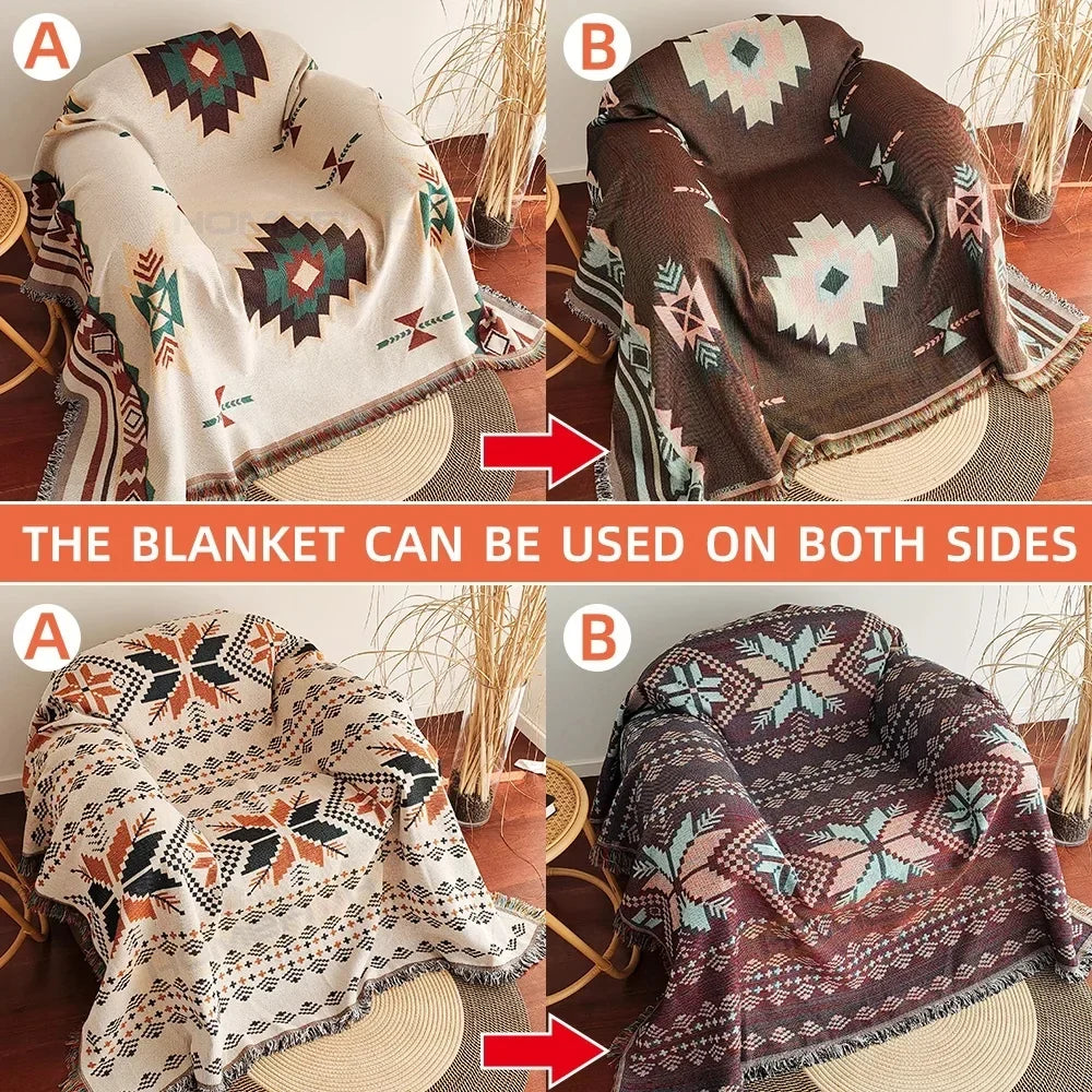 Aztec Blanket Oversized Boho Throw Blanket with Fringe Southwestern Geometric Tapestry Vintage Woven Throw Blankets Double-S