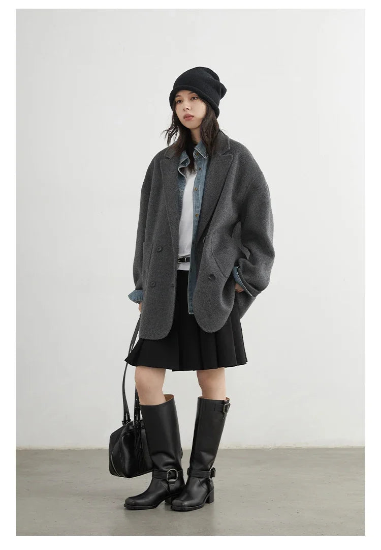 CHIC VEN New Women Woolen Coat Loose Solid Mid-length Double-sided Oversized Office Ladies Jackets Outerwear Autumn Winter 2026