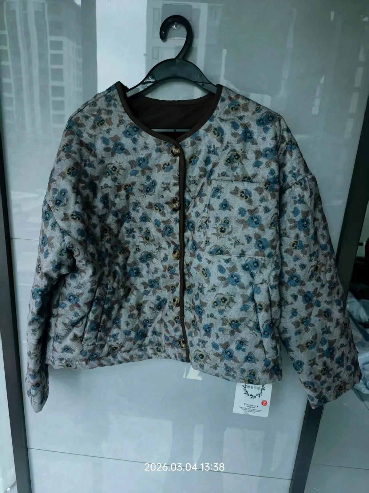 Korean Style Retro Floral Cotton Jacket For Women's Autumn Spring 2026 Fashion,Warm Round Neck Short Quilted Top w1519