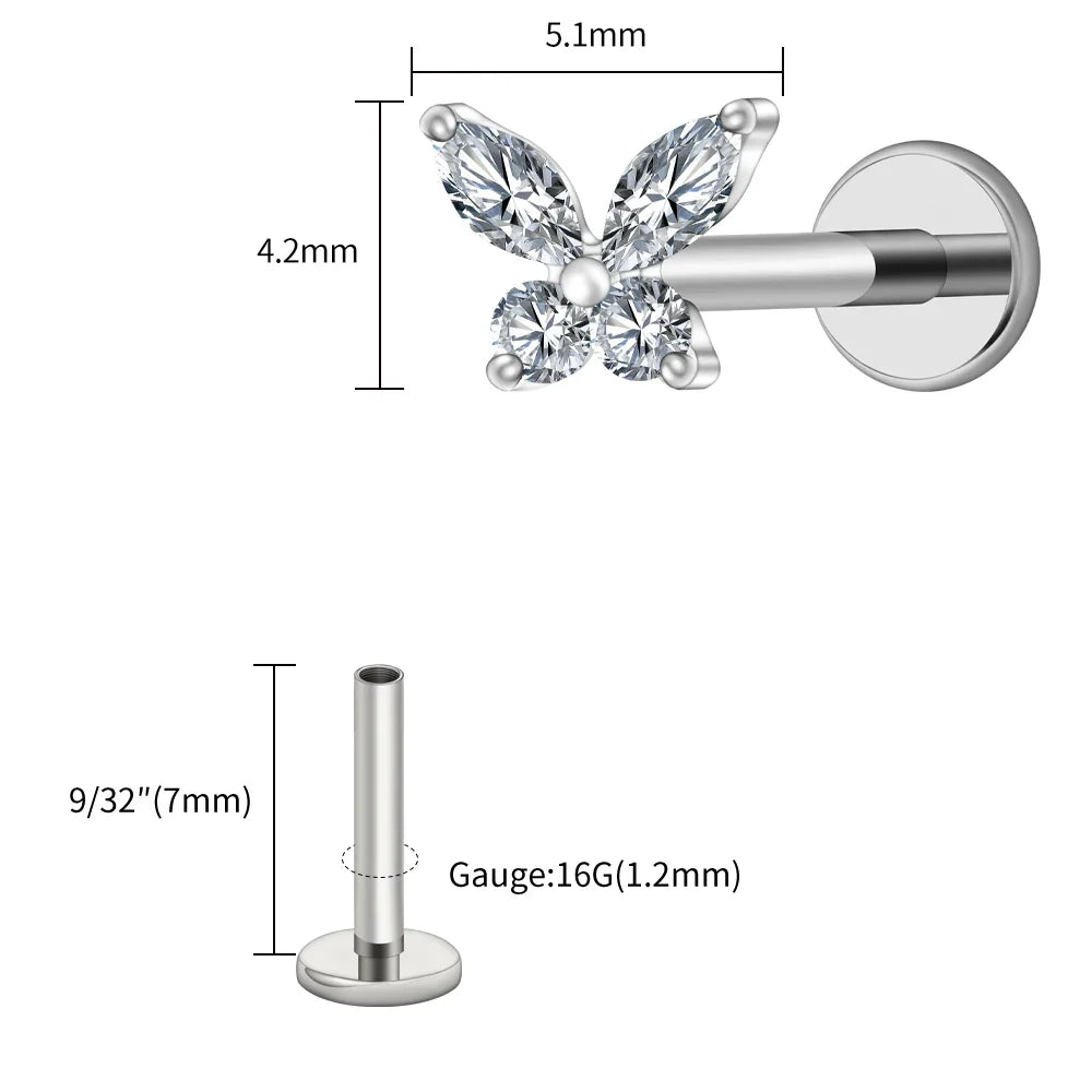 Right Grand ASTM F136 Titanium 16G Mini Butterfly CZ Labret Tragus Cartilage Conch Forward Helix Stud Nose Piercing Body Jewelry