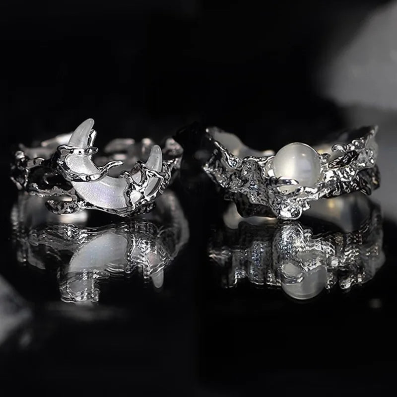 Vintage Y2K Irregular Sun Moon Open Ring for Women Men Adjustable Metal Punk Finger Rings Fashion Party Jewelry Lovers Gifts