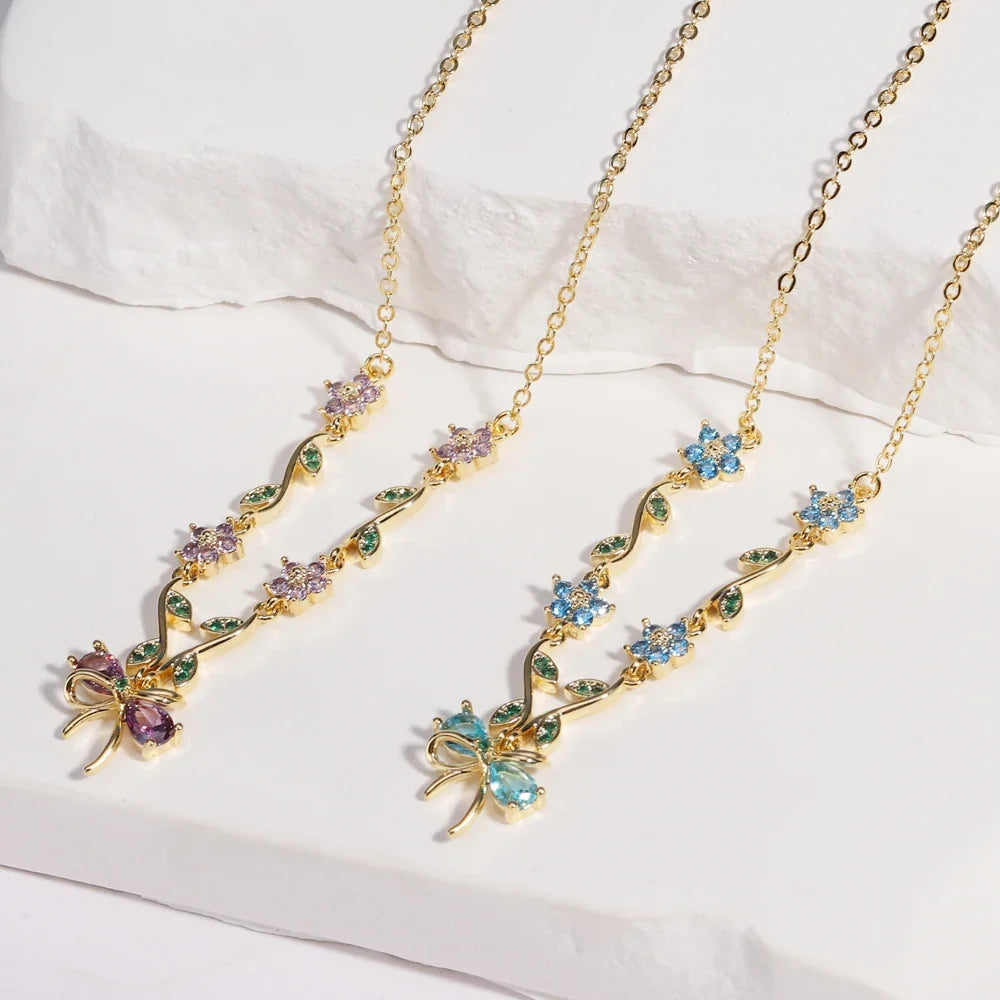 Summer New Fashion Exquisite Bow Leaf Flower Necklace For Women's Elegant Pink Zircon Chain Pendant Jewelry Gifts