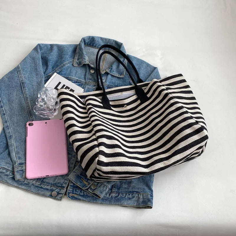 Casual Striped Canvas Bag for Women | Large Capacity Shoulder Bag & Daily Shopping Tote (Student Bookbag for School, Travel, Beach)