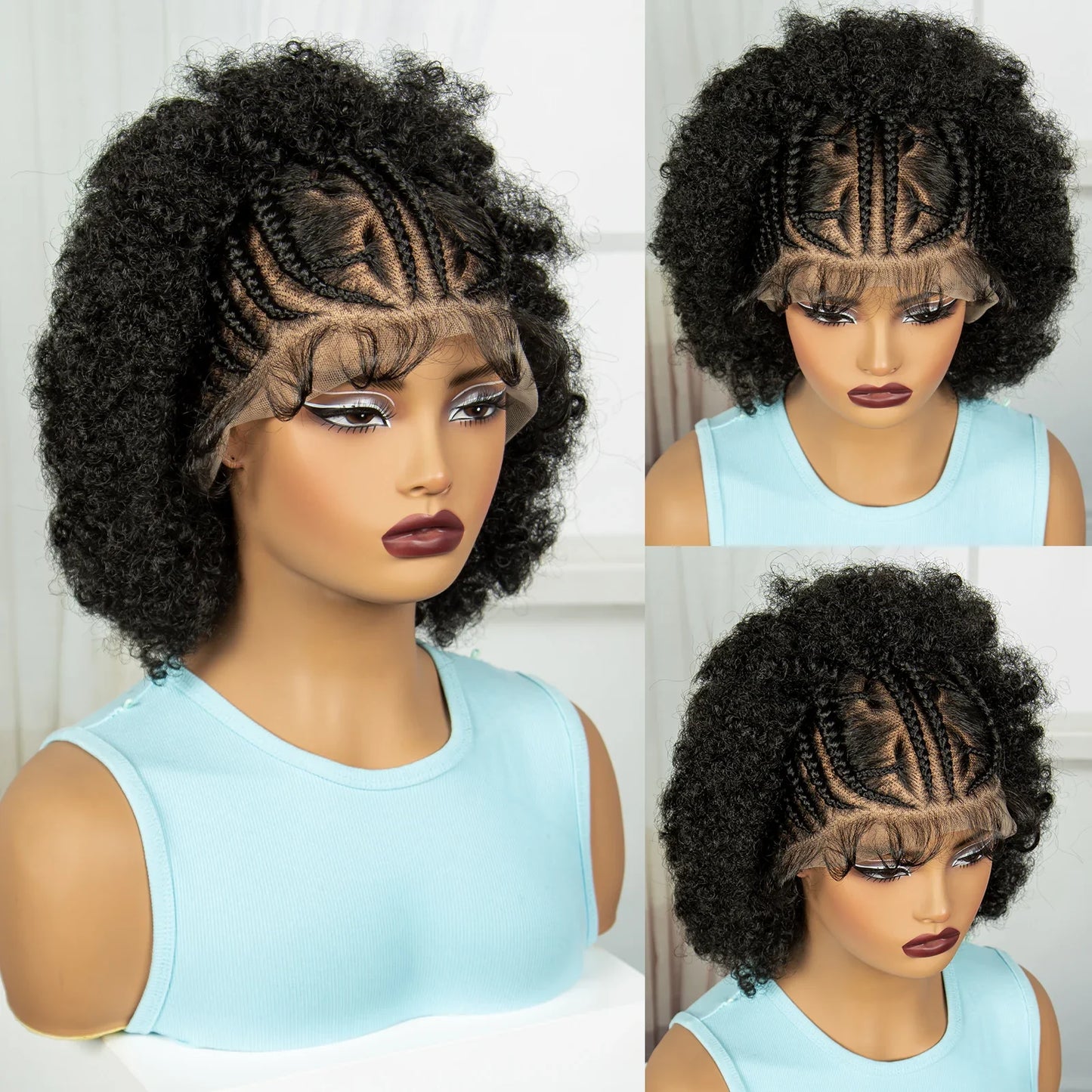 Short Natural Afro Kinky Curly Cornrow Braids Wig | Full Lace | Baby Hair