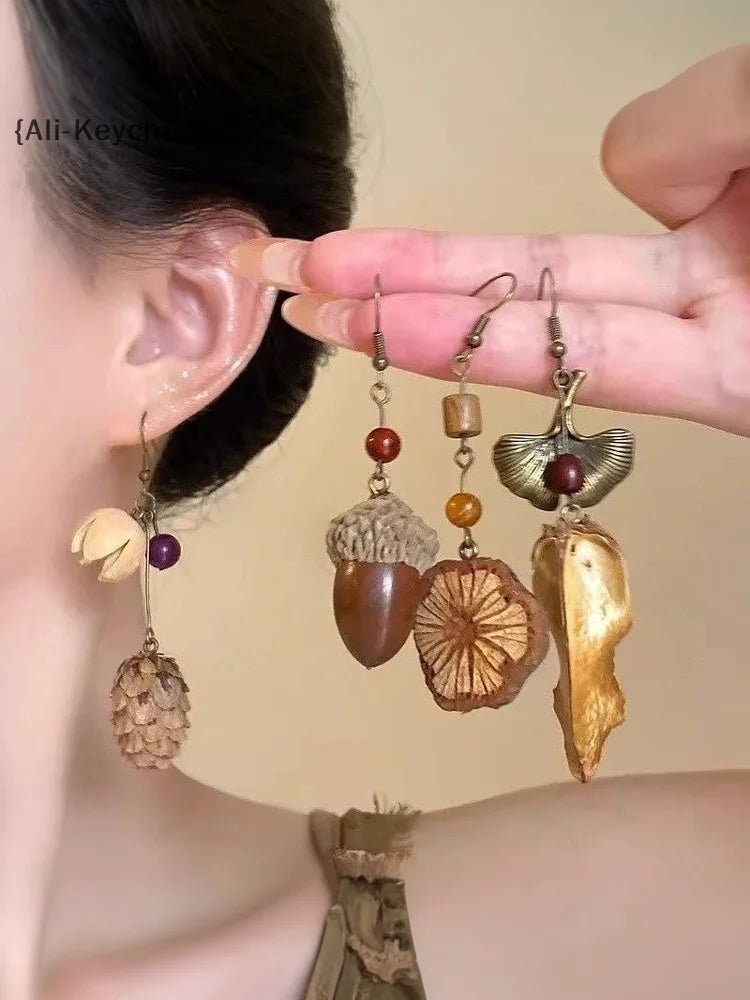 1Pair Vintage Wooden Plant Earring For Women Creative Natural Plant Dried Fruits Drop Earrings Ethnic Jewelry