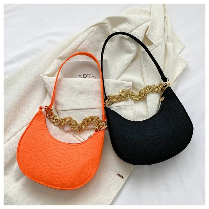 Fashion Women's Felt Handbag | Imitation Metal Chain Underarm Bag (Retro Ladies Solid Color Shoulder Bag, Trendy Casual Clutch Purse)