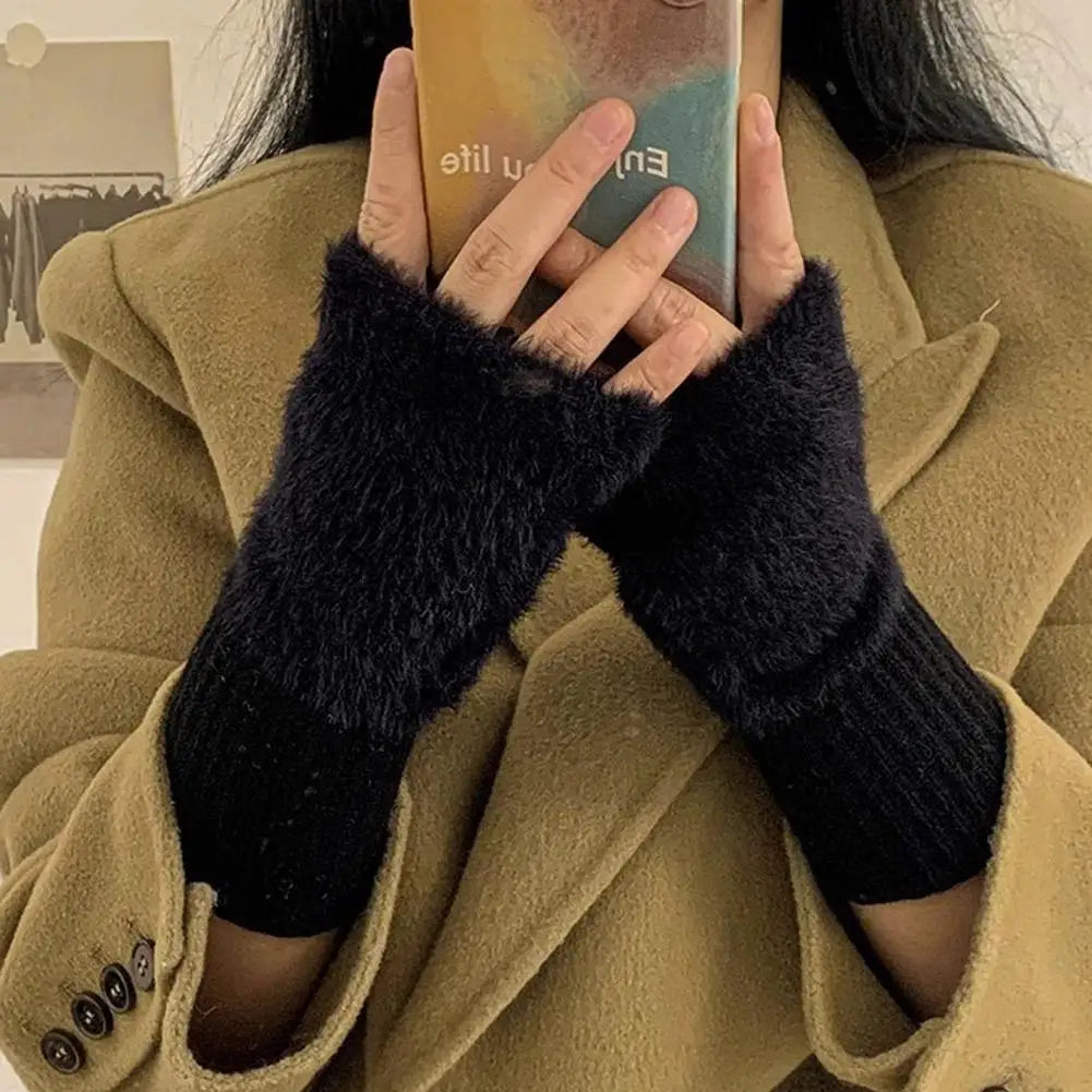 Half-finger Plush Winter Gloves Touch Screen Cold-proof  Warm Fingerless Knitted Wrist Guard Student Office Writing Work Outdoor