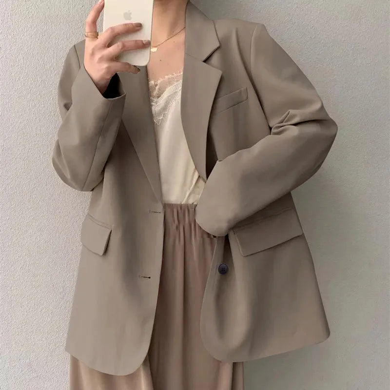 Mid Length Blazer Jacket Women Solid Long Sleeve Pocket Lapel Single Beasted Formal Coat Outerwear Loose Work Casual Blazers