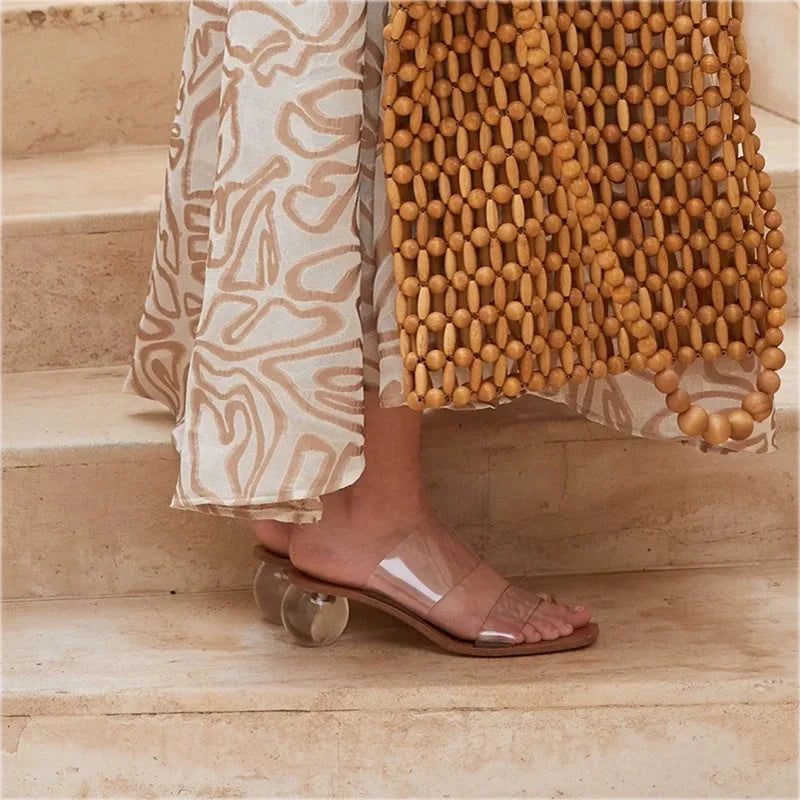 Crystal High Heels Square Toe Cool Slippers Women's European and American Fashion Word with Sandals