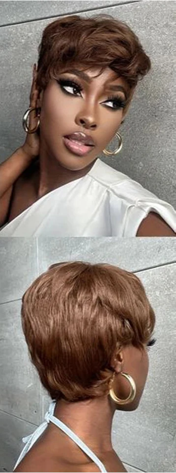 #4 Brown Pixie Short Cut Wig with Bangs | Straight Human Hair Full Machine Made