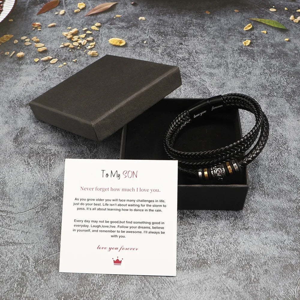 Bracelet for Son/Grandson From Parents, Stainless Steel Leather Bead Grown Up Meaningful Graduation Gifts for His Birthday 8.5"