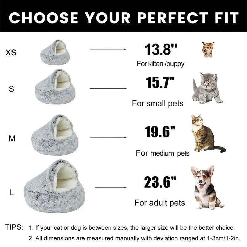 Plush Hooded Cat Cave Bed Round Semi‑Enclosed Shell Pet Nest Washable Anti‑Slip Warm All Season Sleeping Bed For Cats Small Dogs