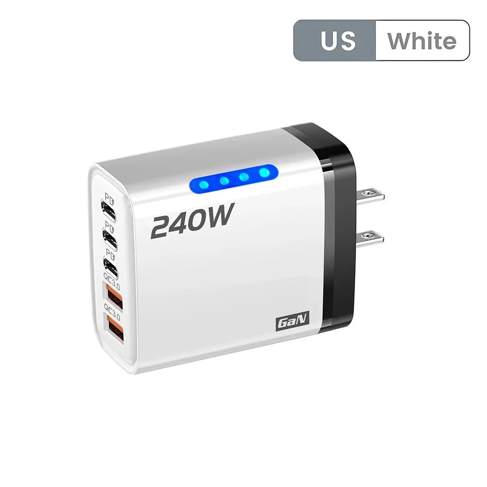 5 in 1 GaN USB C Desktop Charger 240W Fast Charge Phone Adapter 10A Type C Cable For iPhone Samsung Xiaomi EU/US/UK Plug Charger