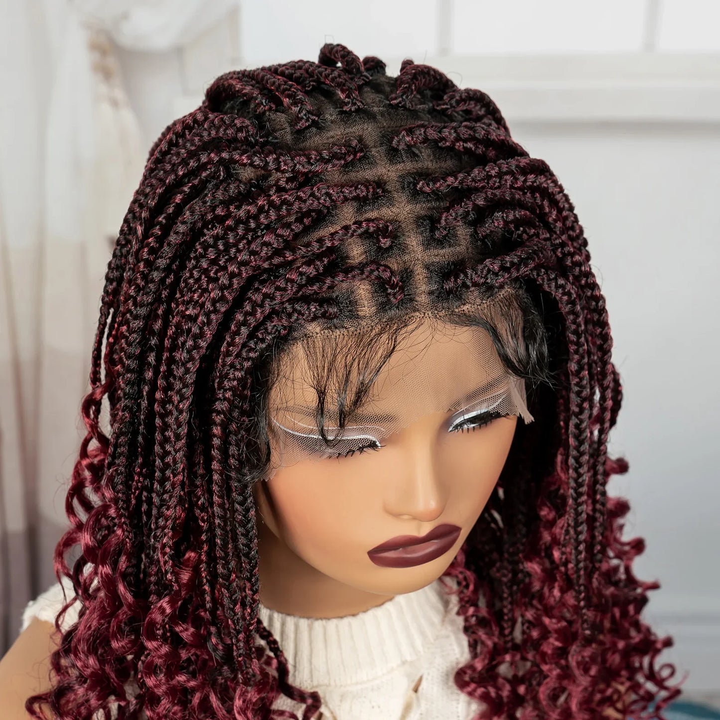 Burgundy Boho Knotless Braids Bob Wig with Curly Ends | Full Lace
