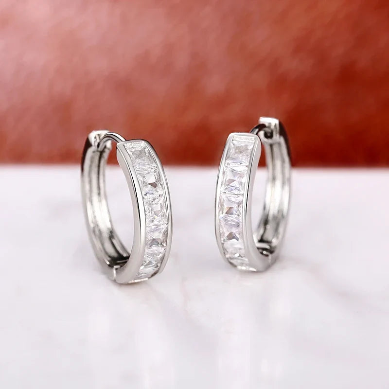 Huitan Hoop Earrings with Princess Cubic Zirconia Exquisite Ear Circle Earrings for Women Silver Color Fashion Versatile Jewelry