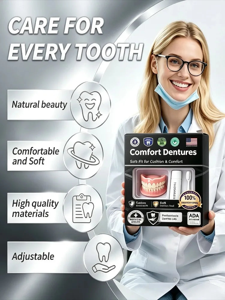 Temporary Adjustable Resin Full Dentures, Natural Bright White Smile, Easy Wear Cosmetic Dental Kit