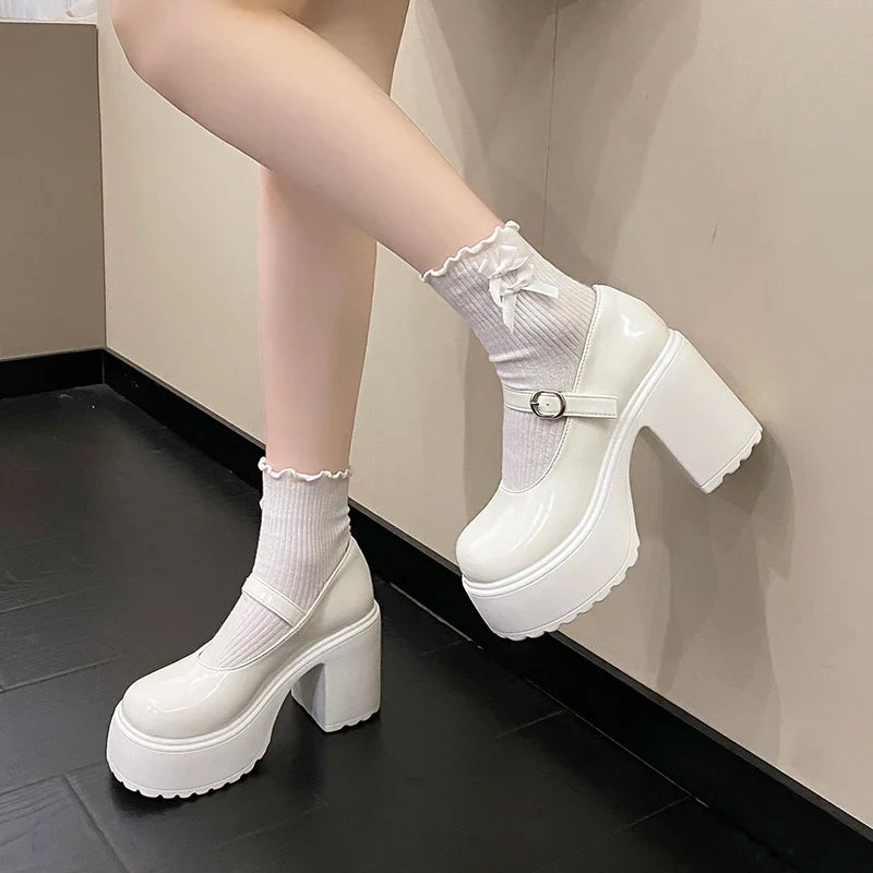 Black Super High Heels Mary Jane Shoes Women 2026 Goth Chunky Platform Pumps Woman Plus Size Ankle Buckle Party Lolita Shoes 42