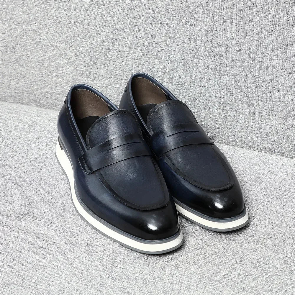 Classy Men's Genuine Cow Leather Penny Loafers | Blue & Black Casual Business Flats (Breathable)