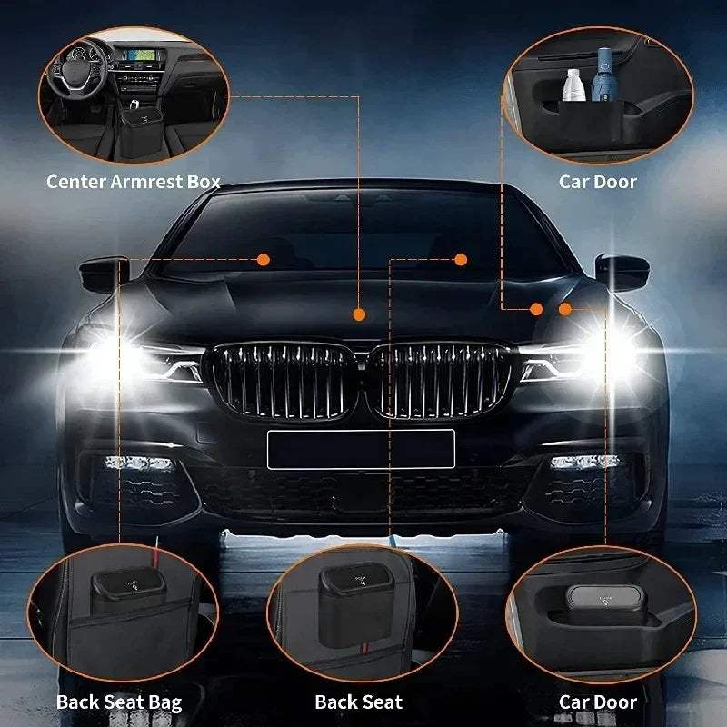 The covered car trash can contains 3 black garbage bags. The small car trash can is leak proof and miniature
