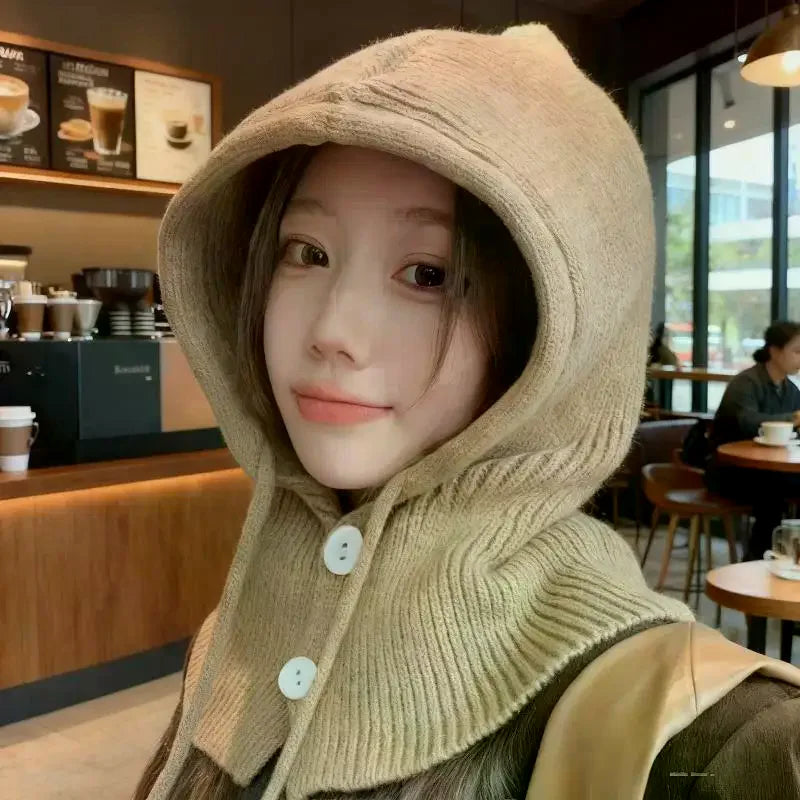 Winter Balaclava Hat Warm Knitted Women's Hood Hat Solid Color One-piece Neck Pullover Cap Outdoor Cashmere Caps