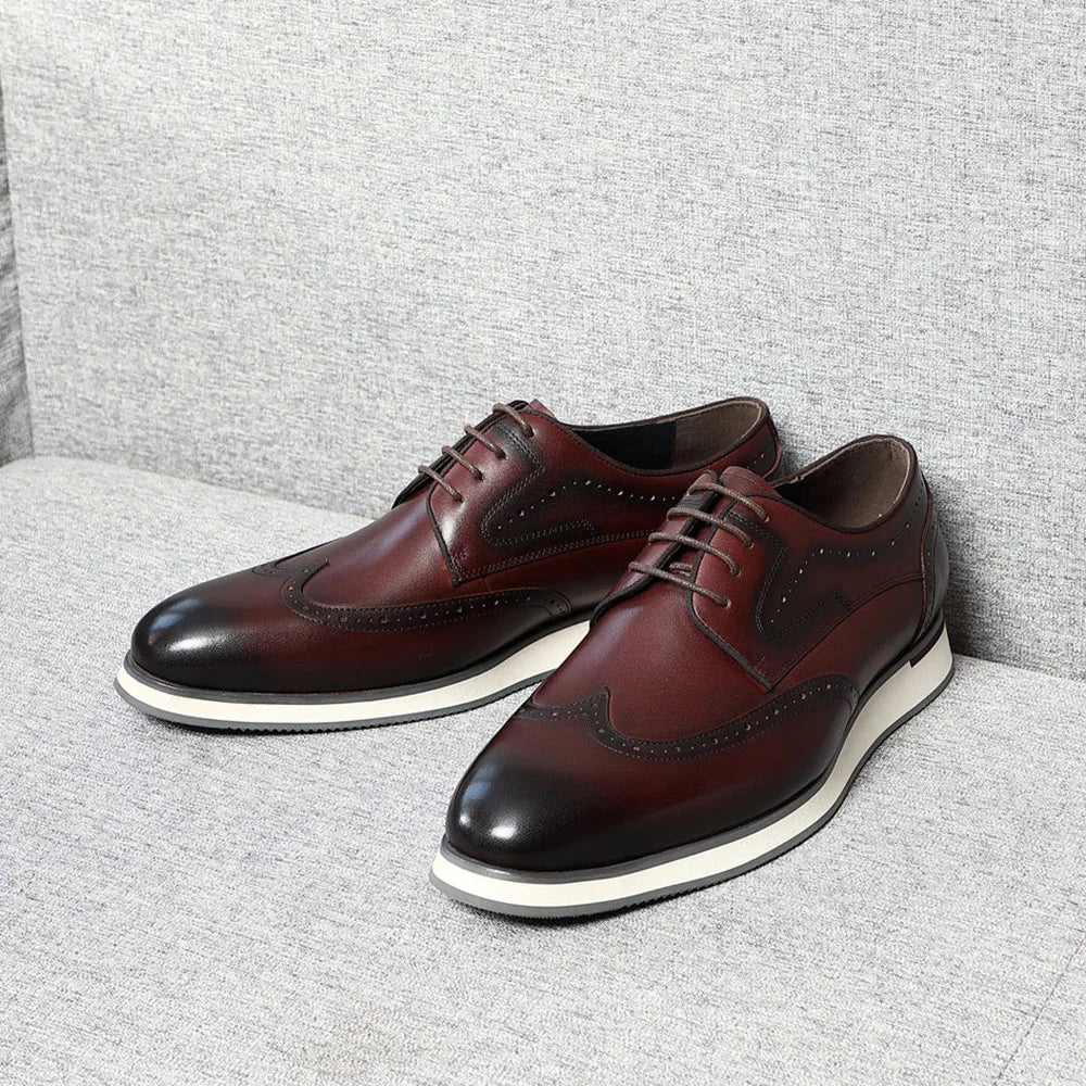 Men's Natural Cowhide Genuine Leather Derby Dress Shoes | Brogue Wingtip Flat Shoes (Black, Wine Red)