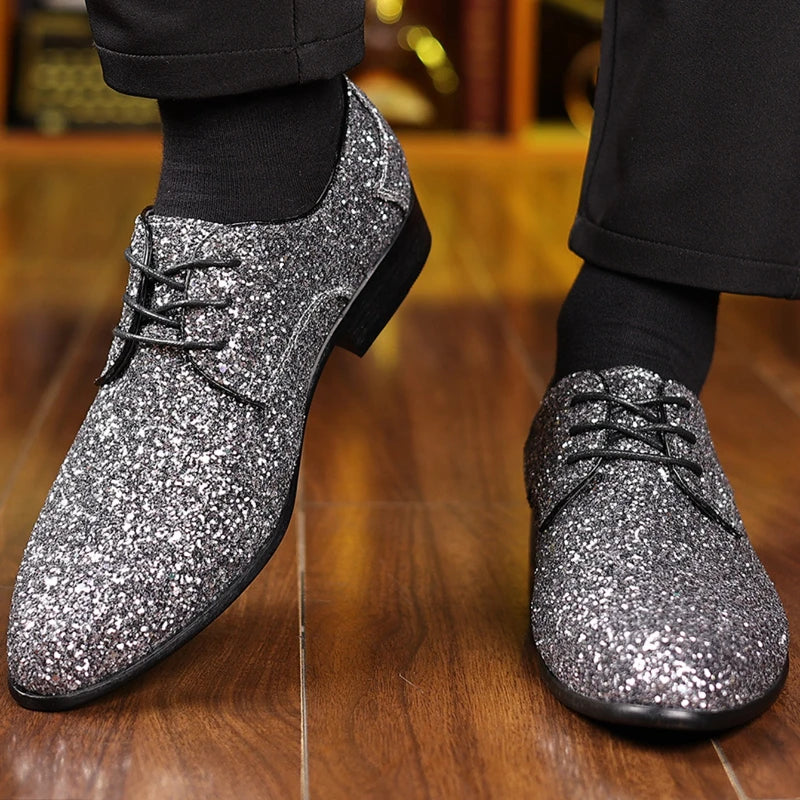 Luxury Men Dress Shoes Gold Silver Sequin Wedding Shoes High Quality Lace-Up  Oxford Shoes Fashion Designer Men Flats Large Size