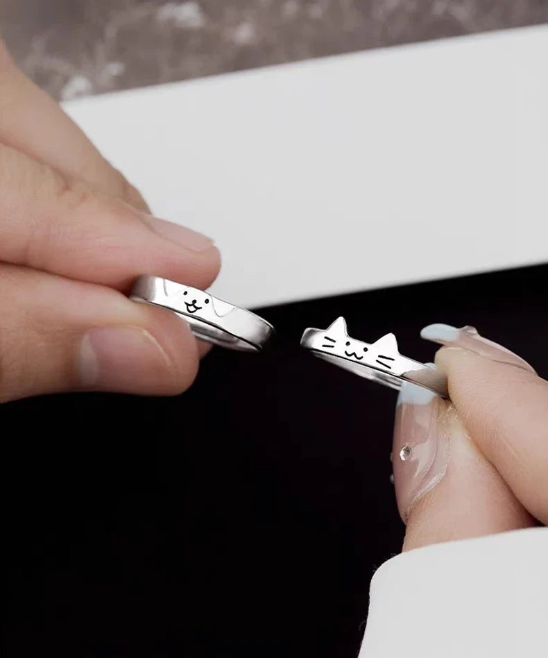 2pcs Simple Design Cute Cat Dog Animal Adjustable Couple Ring for Women Men Cartoon Fashion Couple  Friends Rings Jewelry Gifts