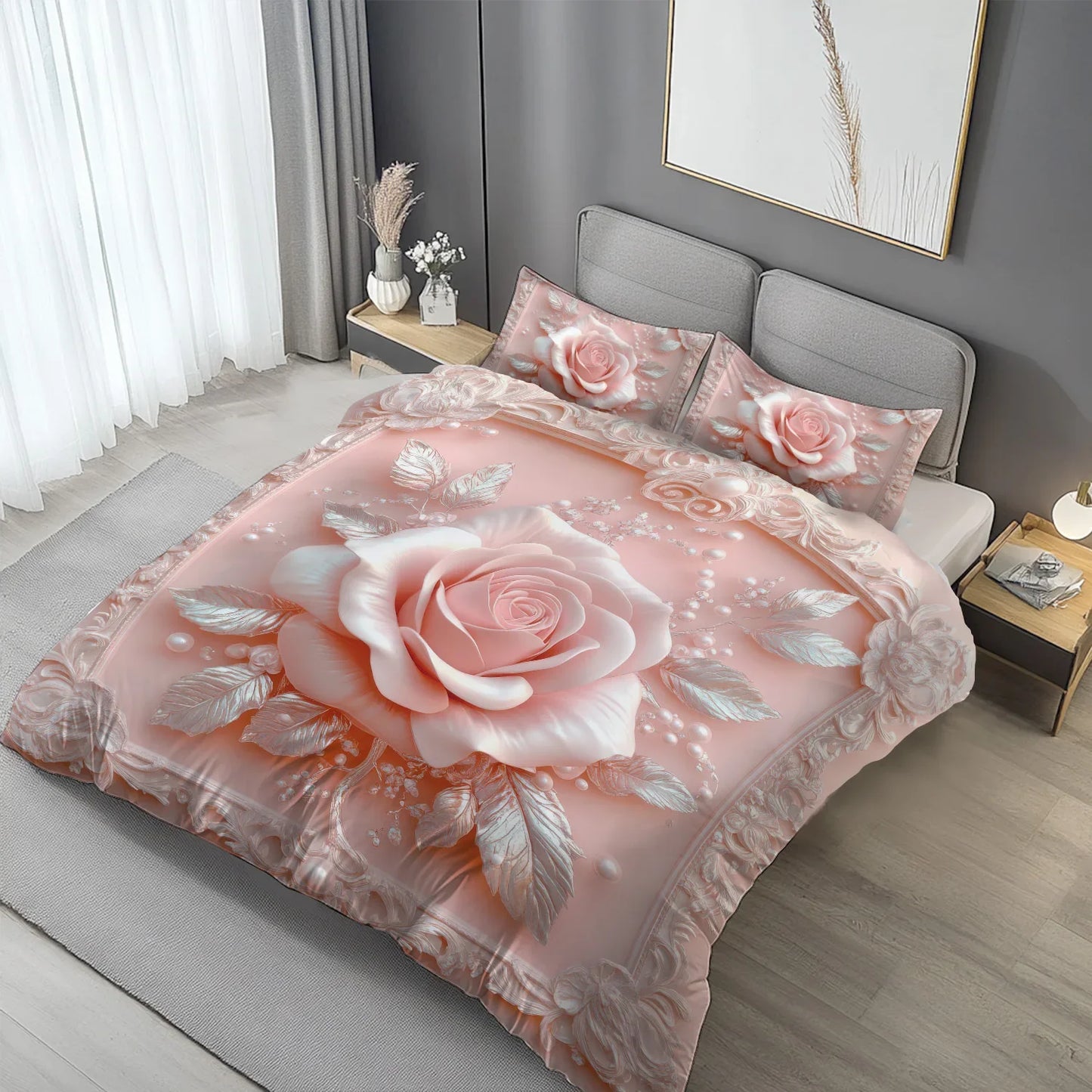 Latacaca 2/3Pcs Pink Rose Duvet Cover Set, Soft Comfortable Floral Bedding with Pillowcases, Machine Washable Queen King Size