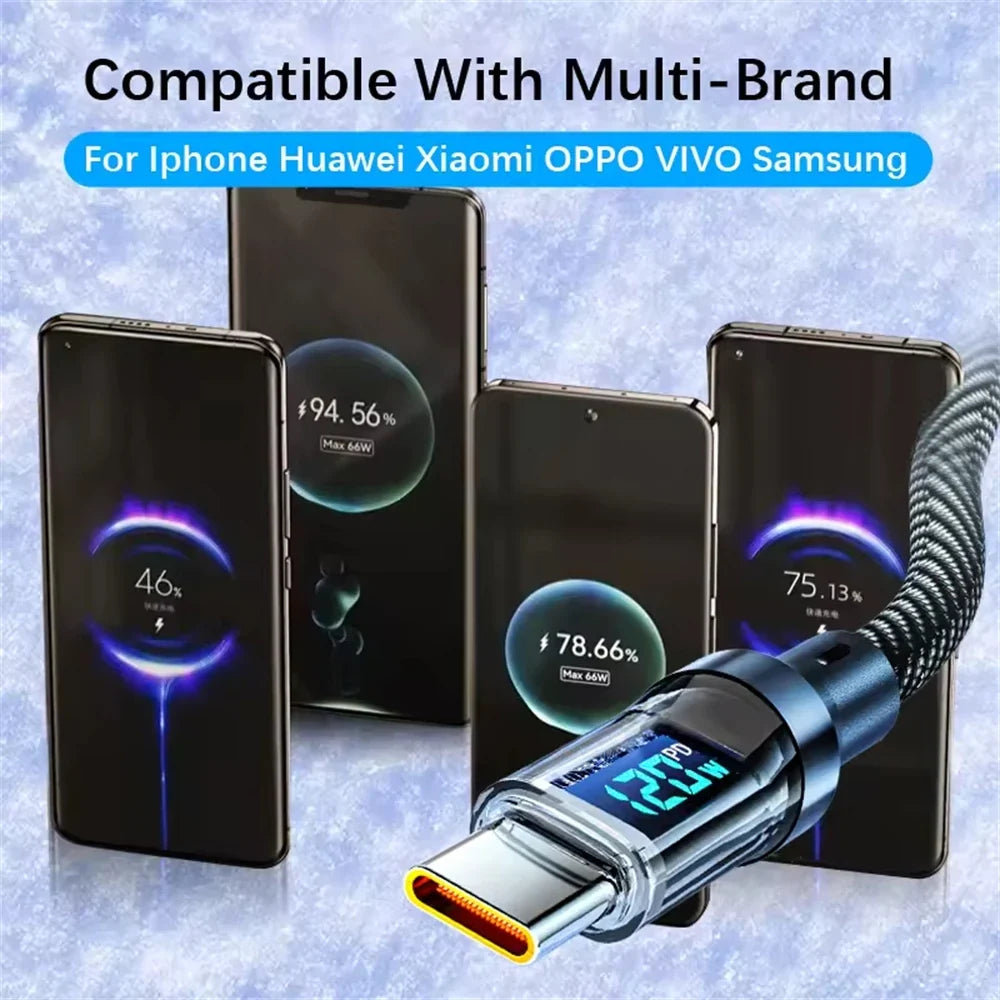 120W Super Fast Charging Cable Real-time Digital Display USB A to Type C Data Cable For iPhone Android Phones Universal
