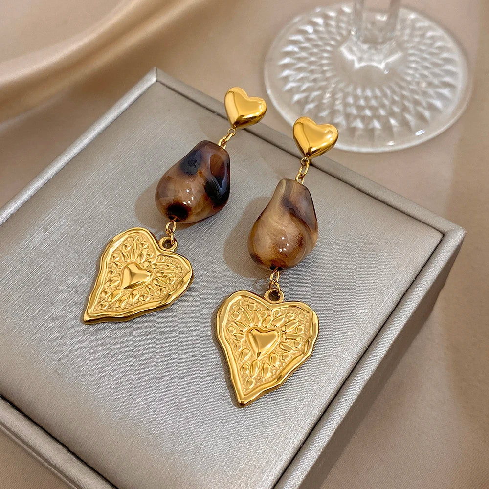 Greatera Caramel Amber Patterned Irregular Heart Earrings For Women Charm Stainless Steel Waterproof Popular Ear Accessories New