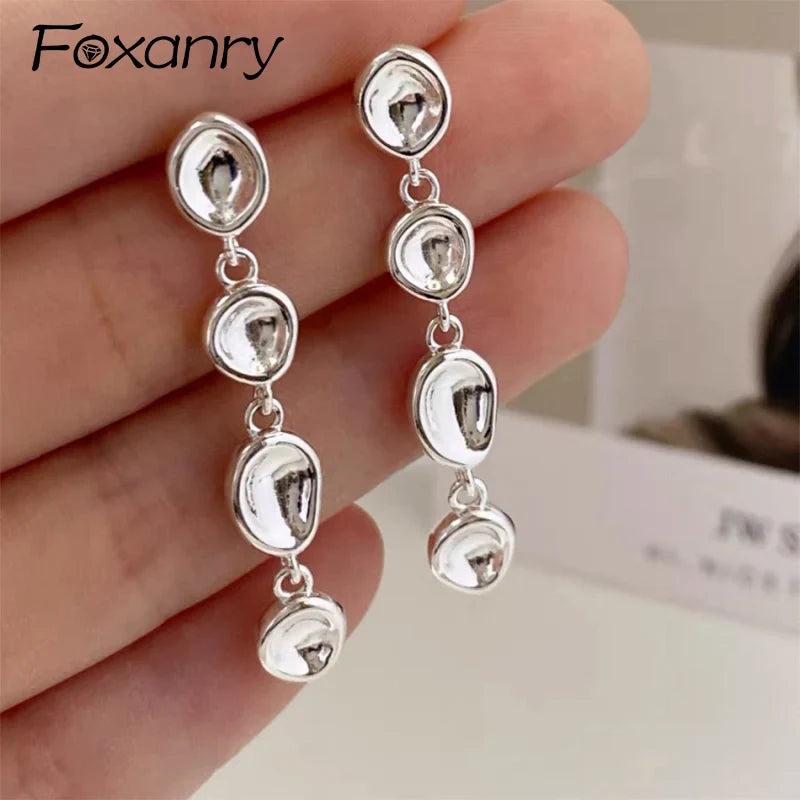 Foxanry Non-fading Silver Color Drop Earrings for Women Couples New Fashion Simple Chain Tassel Geometric Handmade Party Jewelry