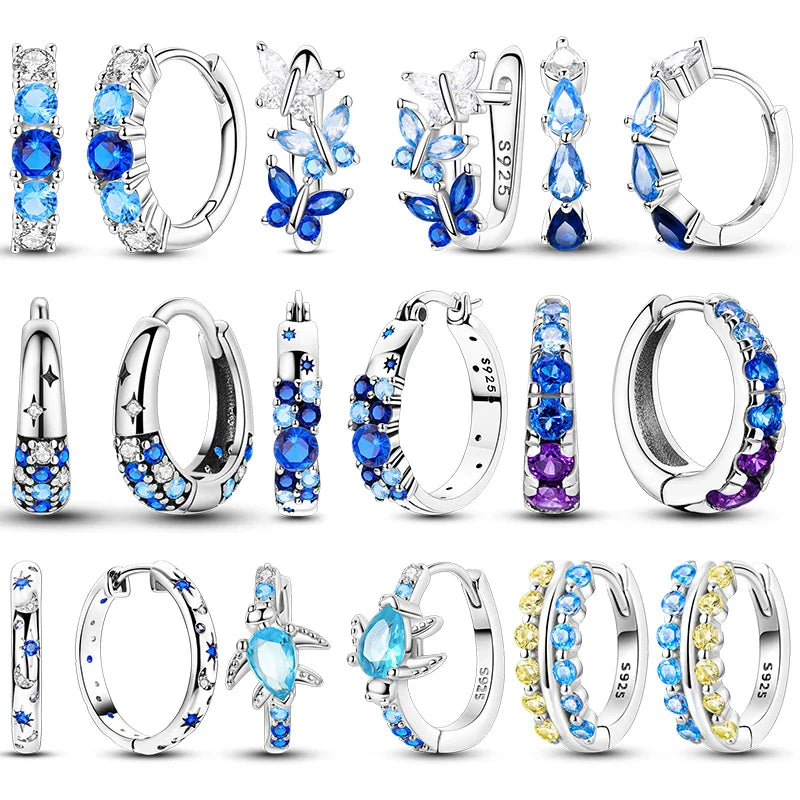 Original 925 Sterling Silver Blue Zirconium Butterfly Earrings Colored Hoop Earring Women Female Party Fine Earring Jewelry Gift