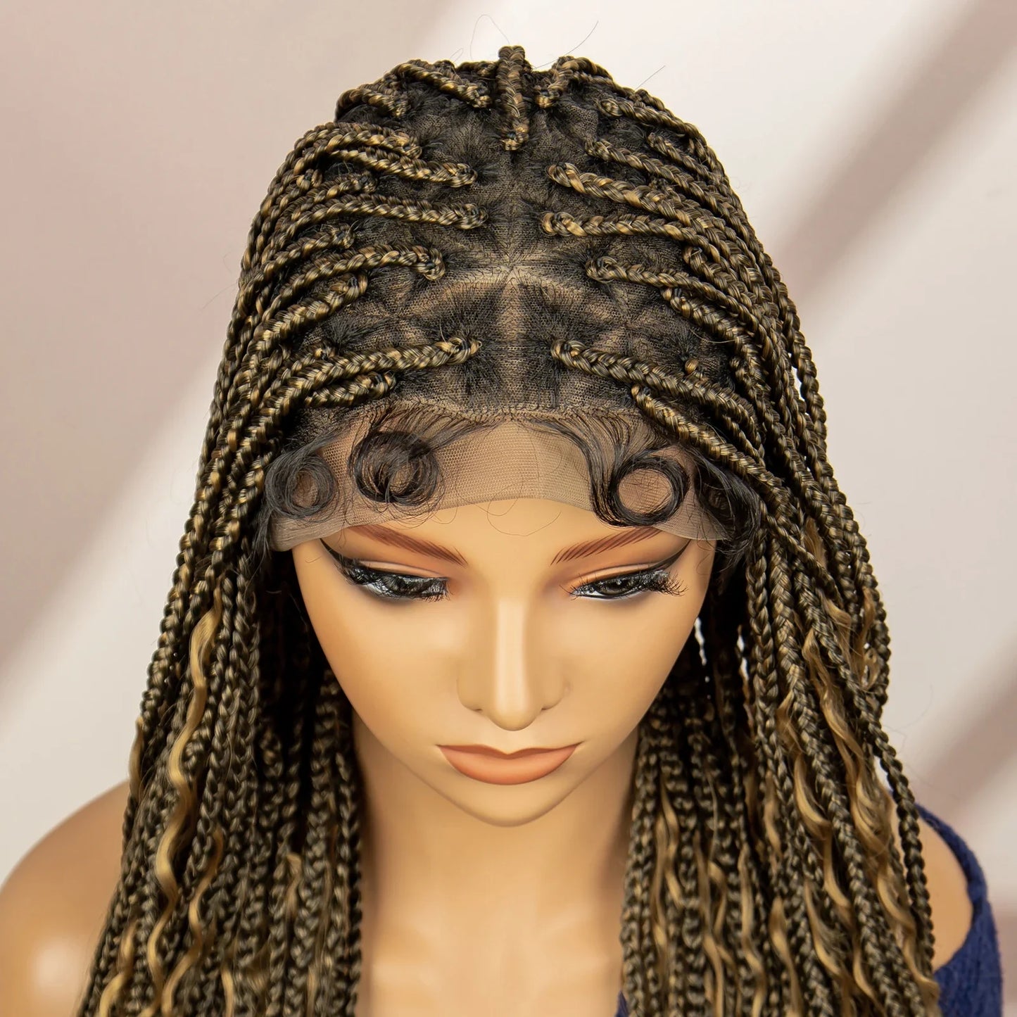 Boho Box Braided Wig with Curly Hair | Goddess Locs Accents | Full Lace Brown Braids Wig | Bohemian Box Braid Wig