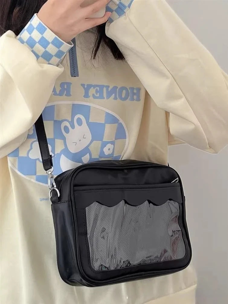 Women's PU Transparent Pocket Ita Bag | High School Girls JK Uniform Crossbody Shoulder Handbag (Fashion Satchel)