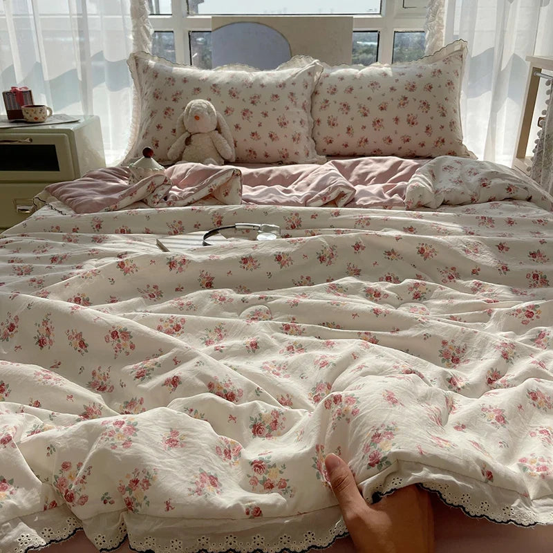 Summer Quilt Korean Style Duvet with Lace Single/Queen Size Comforter Flower Printed Quilted Blanket 여름이불 (No Pillowcase)