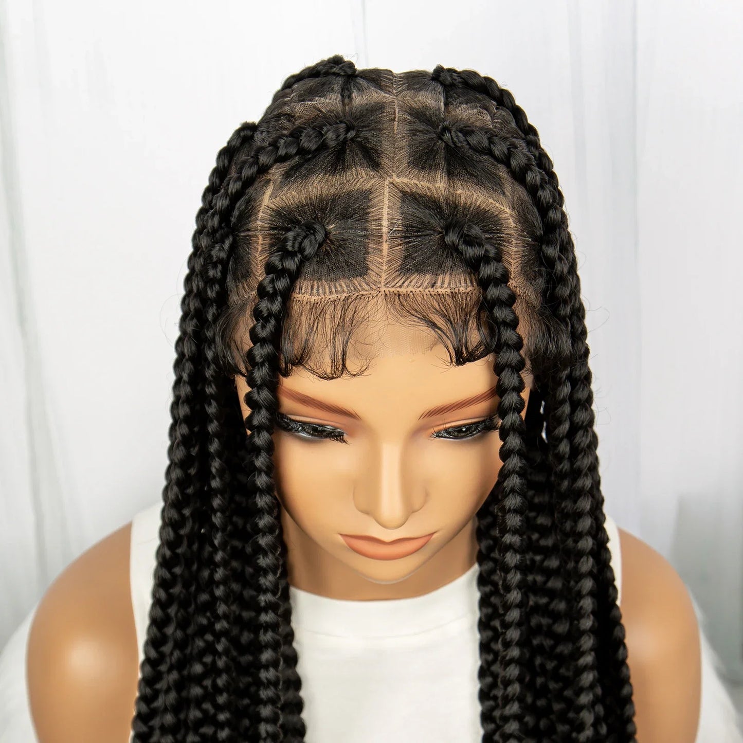 34" Knotless Box Braids Full Lace Wig | Transparent Lace | Long Black Synthetic Braids | Black Women