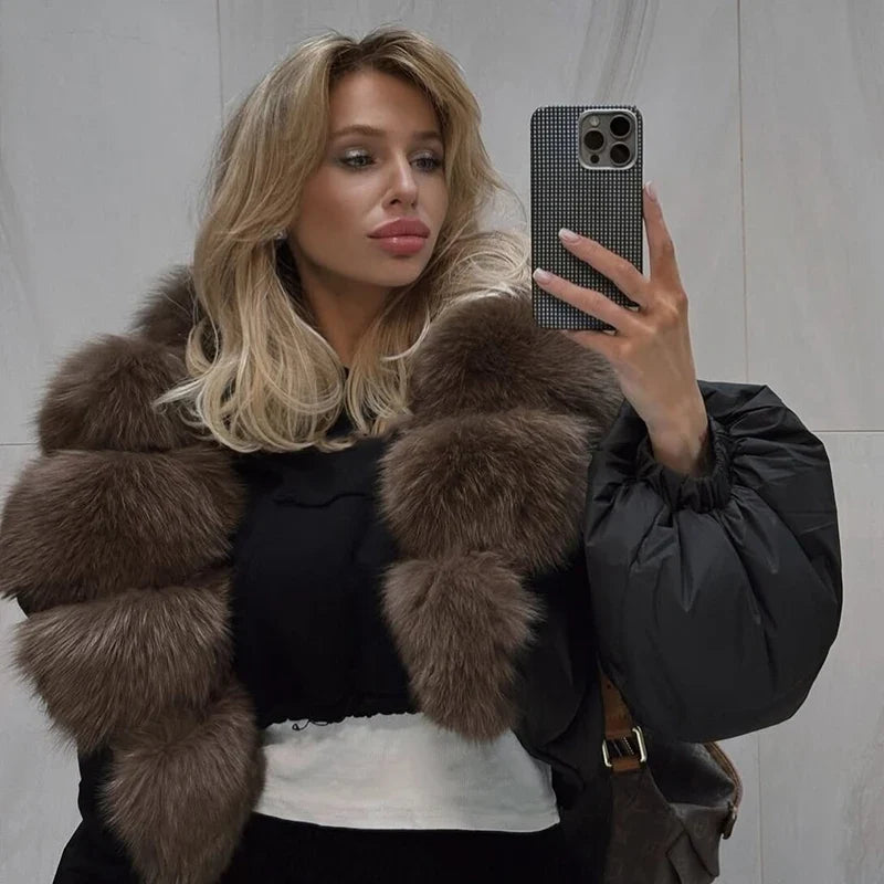 Luxury Thick Faux Fox Fur Collar Cropped Puffer Coat Women Oversized Lapel Zip Up Short Warm Windproof Winter Outerwear Jacket