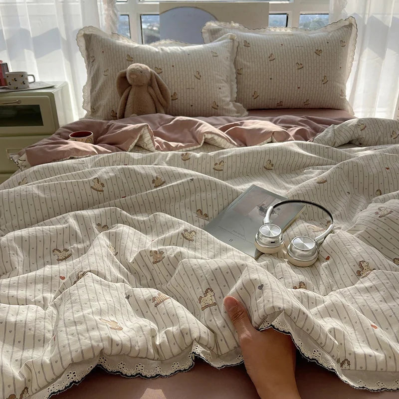 Summer Quilt Korean Style Duvet with Lace Single/Queen Size Comforter Flower Printed Quilted Blanket 여름이불 (No Pillowcase)