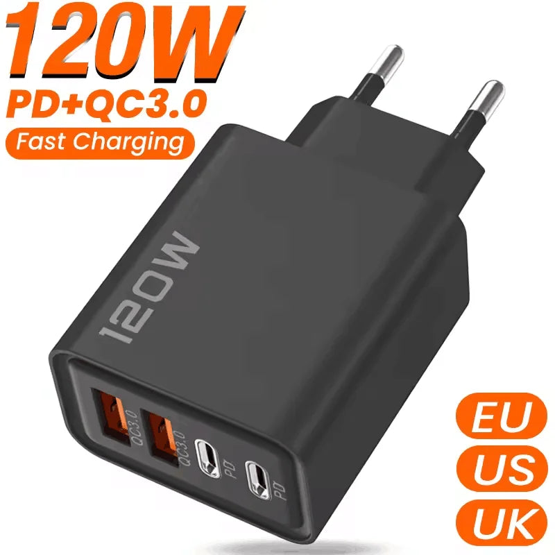 120W USB Type C Charger Mobile Phone Fast Charger Adapter For iPhone Samsung Xiaomi Quick Charge 3.0 EU/US/UK Plug Wall Charger
