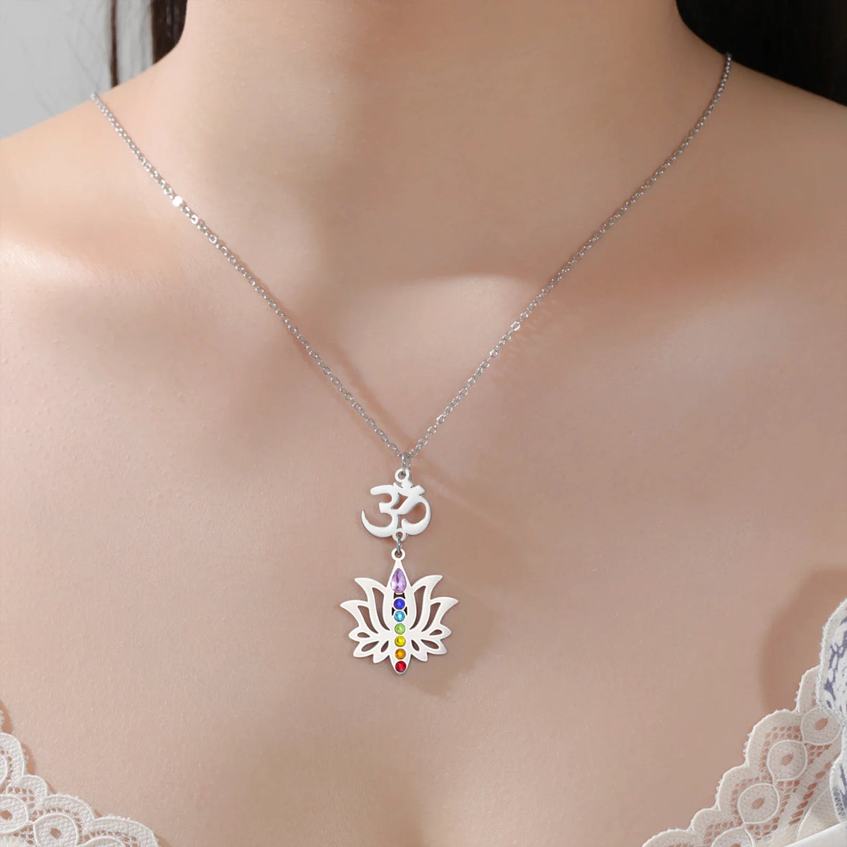 Gold Plated 7 Chakra Lotus Flower Necklace with Om Symbol Spiritual Yoga Jewelry Seven Colorful Zircon Lotus Flower Necklace