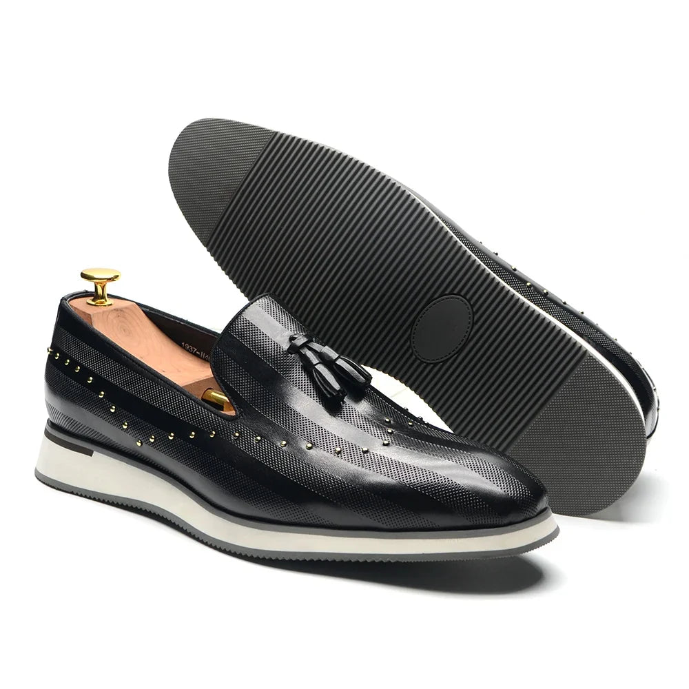 Top Grade Luxury Men's Genuine Leather Loafers | Original Stripe Rivets & Tassel Casual Flat Shoes
