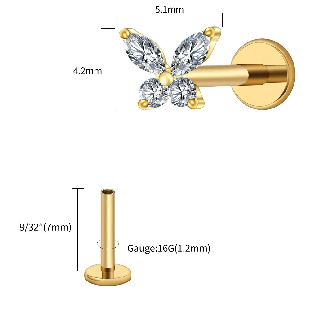 Right Grand ASTM F136 Titanium 16G Mini Butterfly CZ Labret Tragus Cartilage Conch Forward Helix Stud Nose Piercing Body Jewelry
