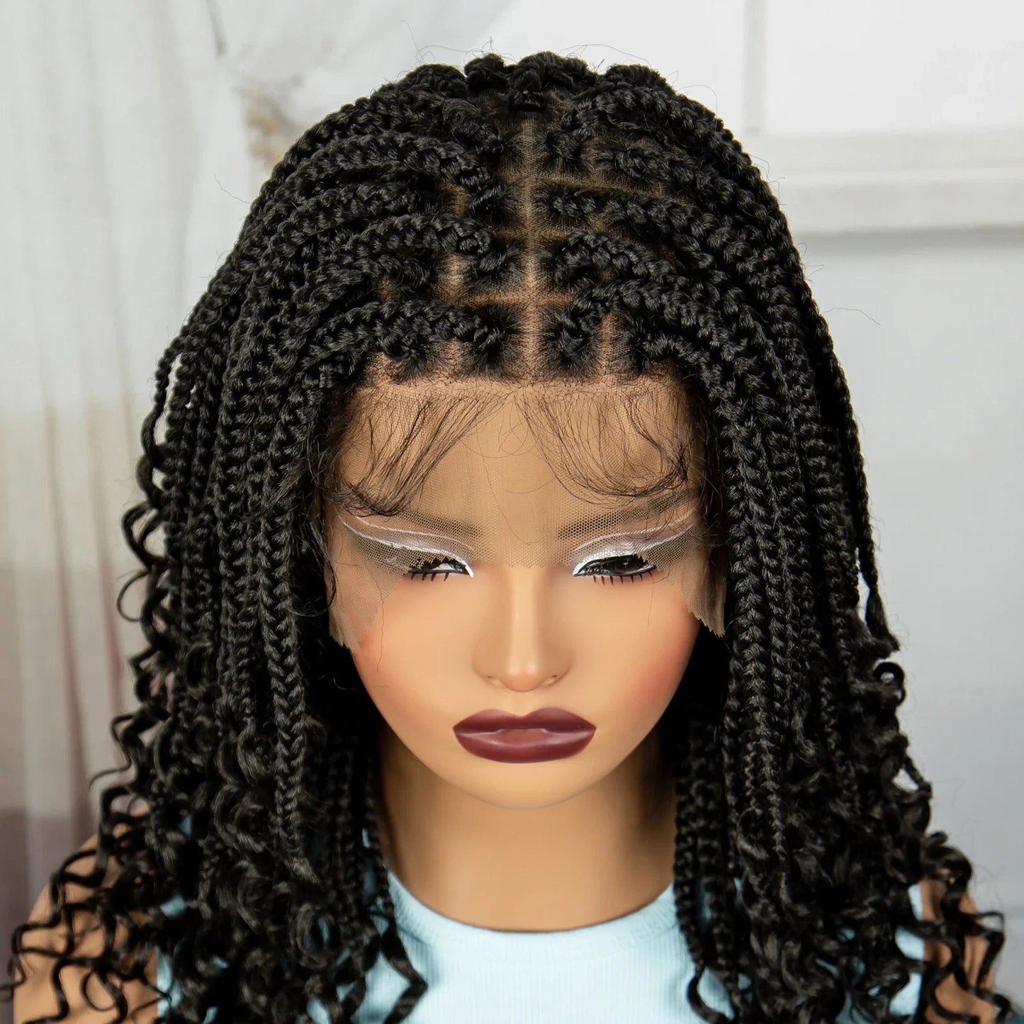 Burgundy Boho Knotless Braids Bob Wig with Curly Ends | Full Lace