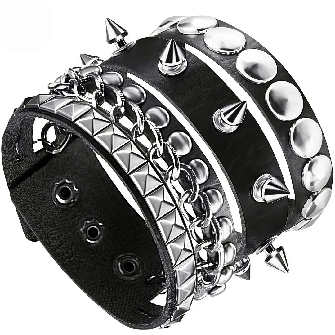 3Pcs/Set Vintage Emo Bracelets 3 Row Cuspidal Spikes Rivet Stud Wide Cuff PU Leather Punk Black Gothic Rock Unisex Accessories