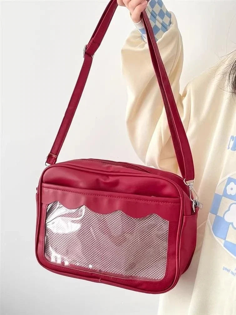 Women's PU Transparent Pocket Ita Bag | High School Girls JK Uniform Crossbody Shoulder Handbag (Fashion Satchel)