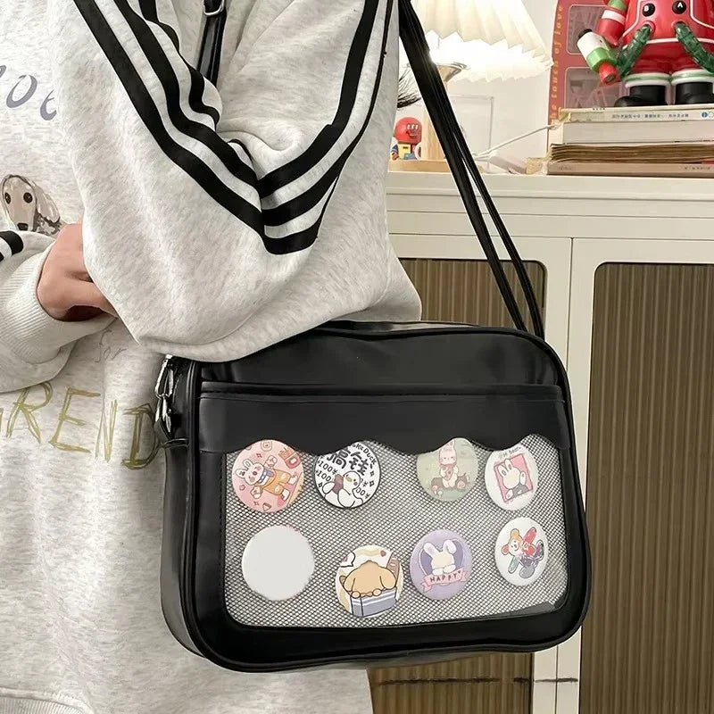 Women's PU Transparent Pocket Ita Bag | High School Girls JK Uniform Crossbody Shoulder Handbag (Fashion Satchel)