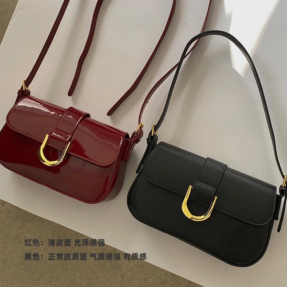 Retro Patent Leather Shoulder Bag for Women | Luxury Flap Crossbody & Solid Color Underarm Bag (Red Lady Handbag)