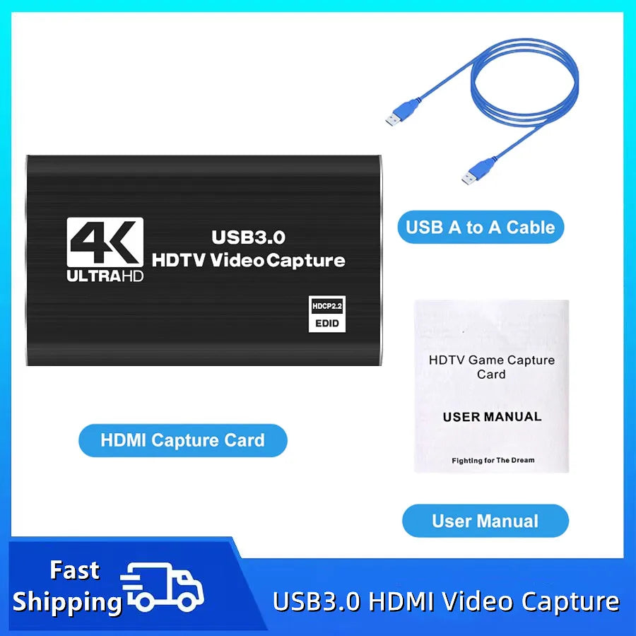 4K USB 3.0 Video Capture Card, HDMI-compatible HDTV Recorder Grabber for Game Recording, PC, Game Audio & Mic