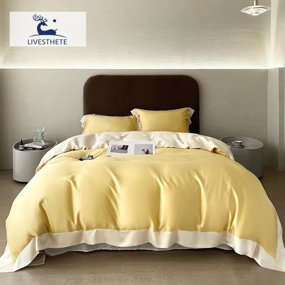 Liv-Esthete Top Grade 100% Silk Duvet Cover Set Queen King Yellow White Bedding Set Flat Sheet Beauty Pillowcase Bed Linen